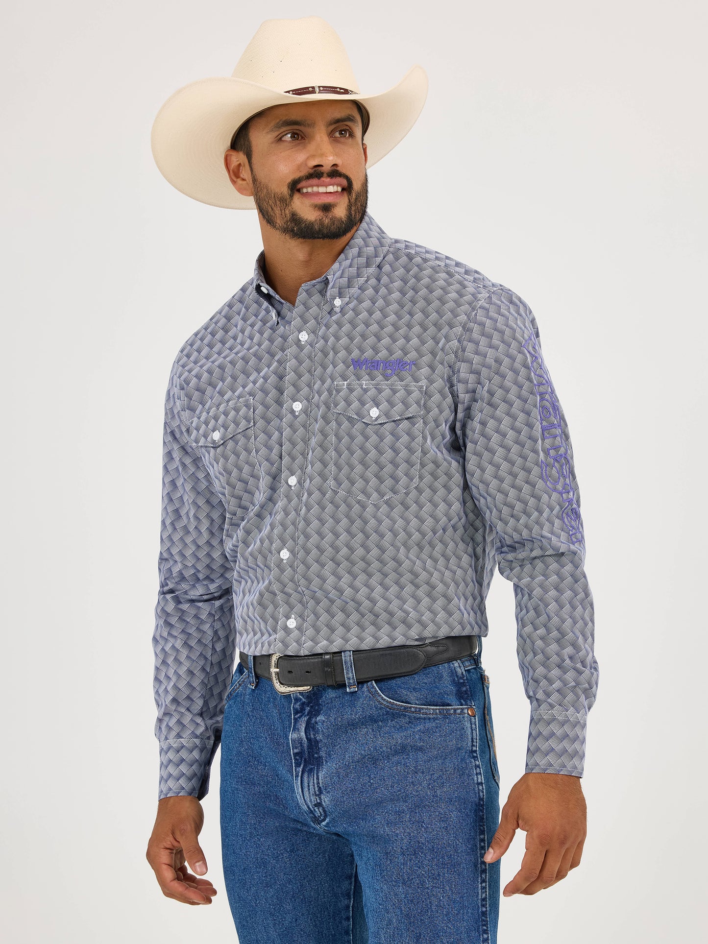 Wrangler Logo Navy Orchid Long Sleeve Button Down Shirt