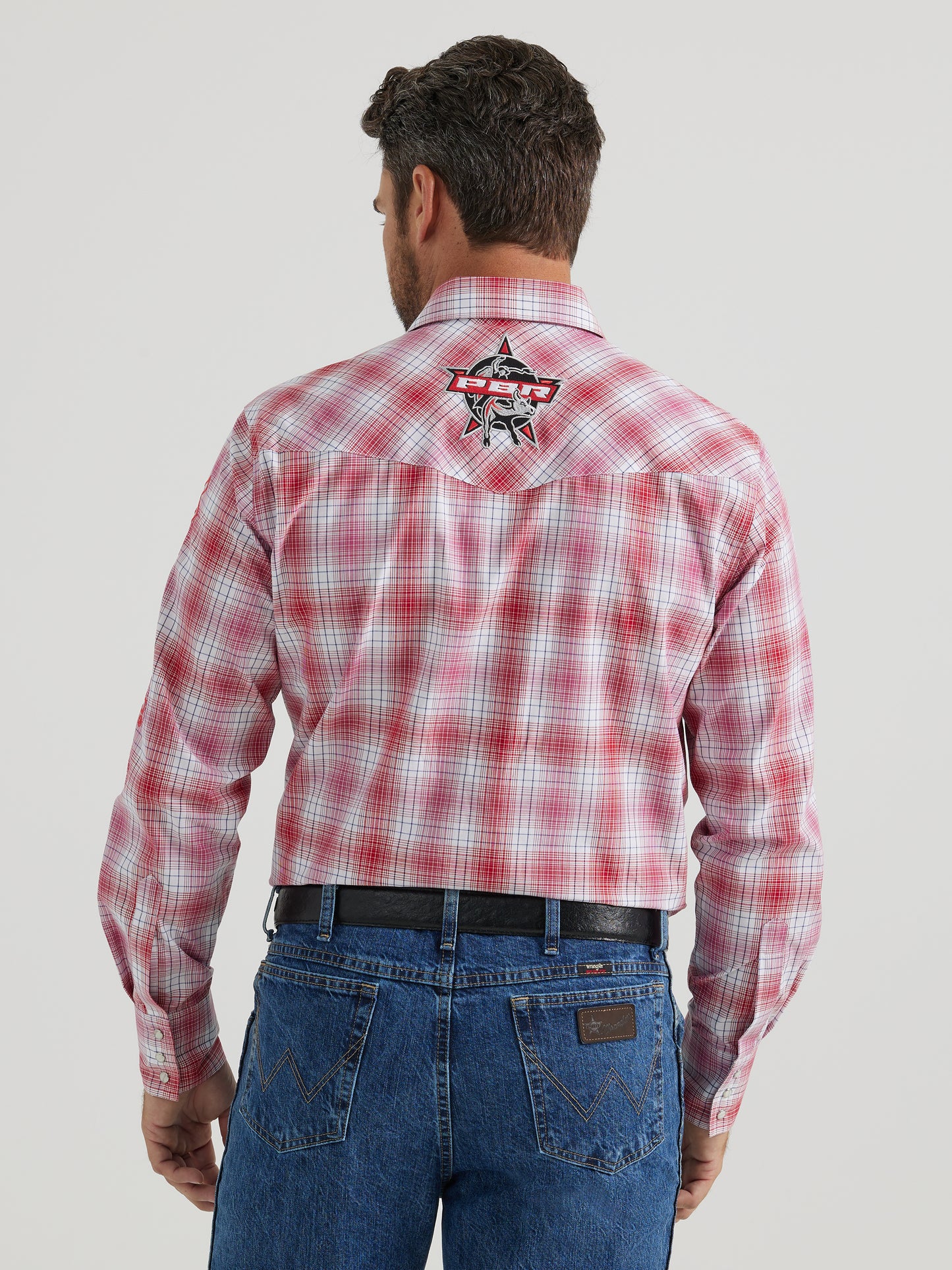 Wrangler Men's PBR Logo Long Sleeve Cherry Plaid Western Snap Shirt