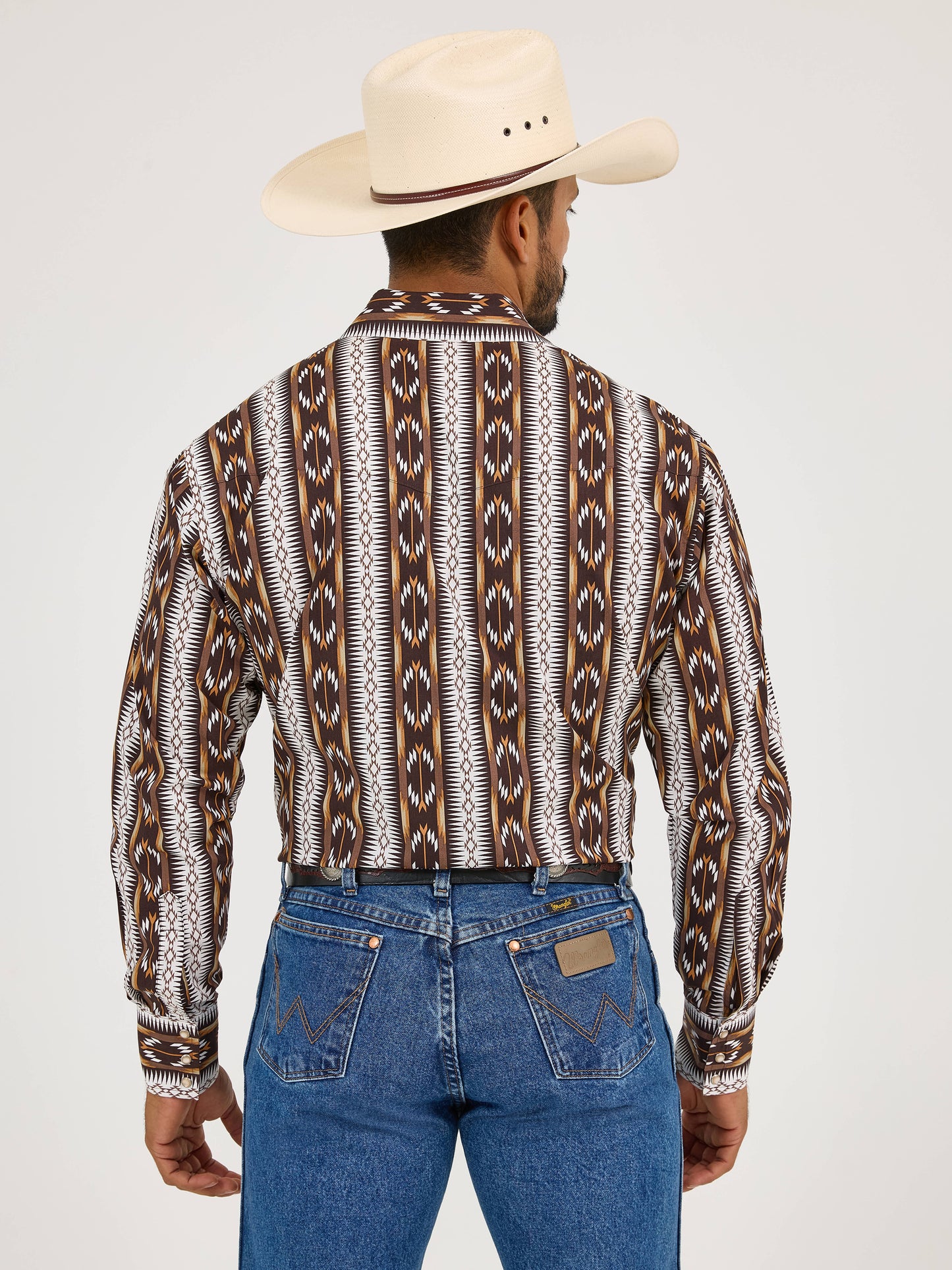 Wrangler Checotah Long Sleeve Western Snap Printed Brown Shirt