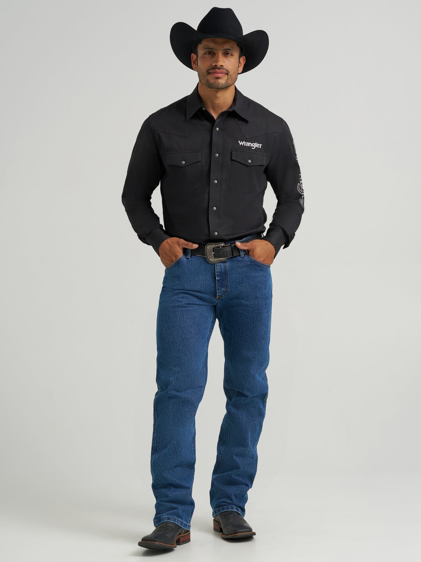 Wrangler Logo Black Long Sleeve Classic Fit Button Down Shirt