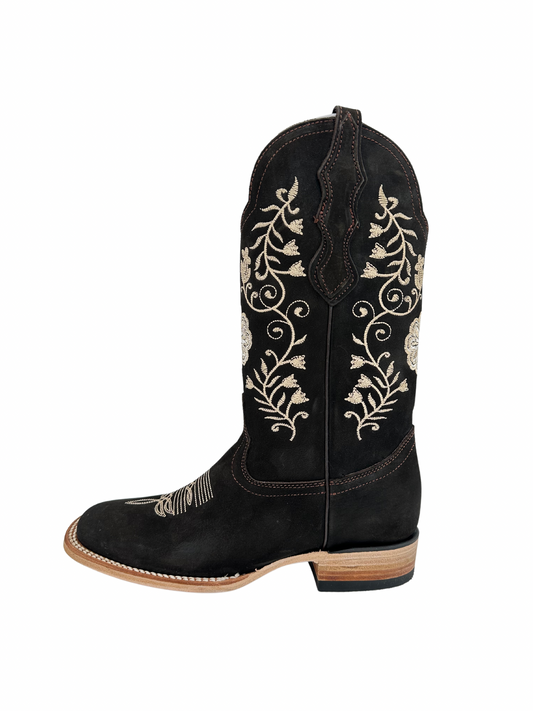 White Diamond Women's Black Chocolate Floral Square Toe Leather Boot