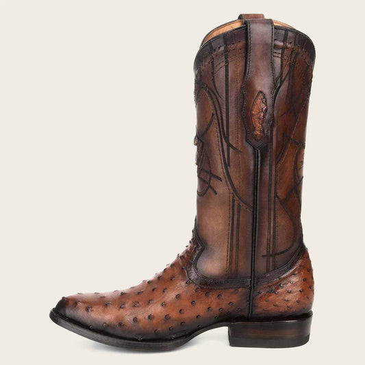 Cuadra Men's Engraved Brown Genuine Ostrich Leather Cowboy Boot