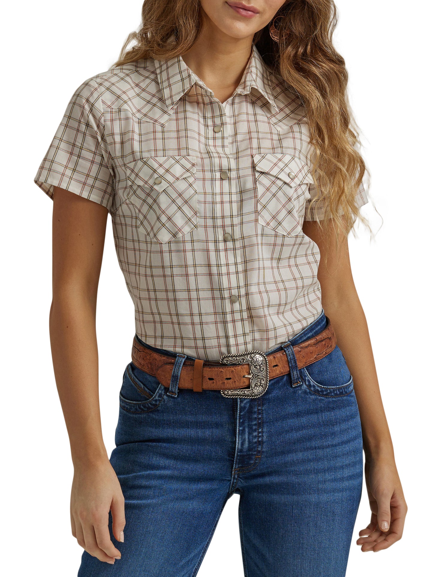 Wrangler Retro Cream Plaid Western Snap Short Sleeve Shirt