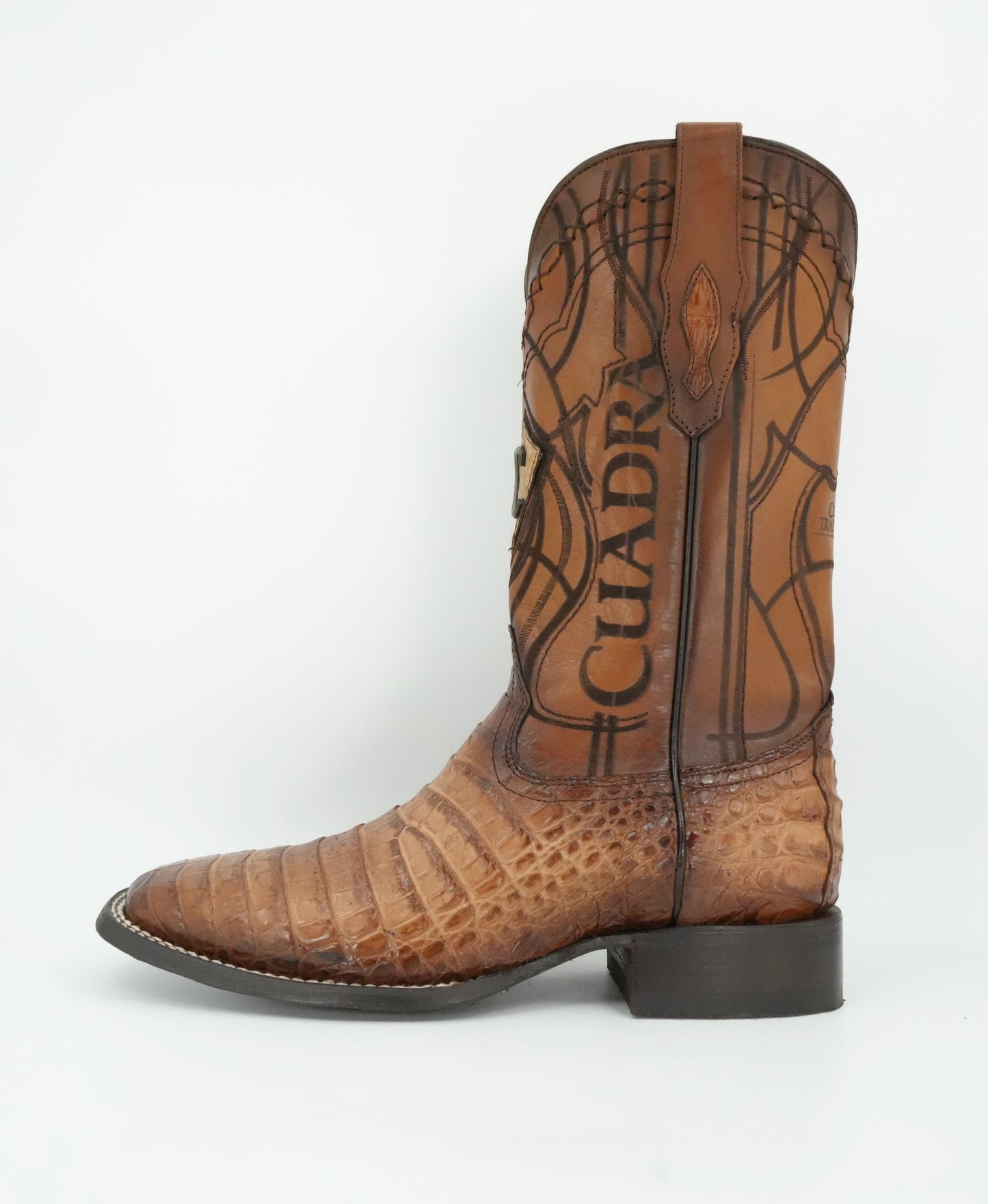 Cuadra Men's Engraved Sand Genuine Caiman Leather Cowboy Boots