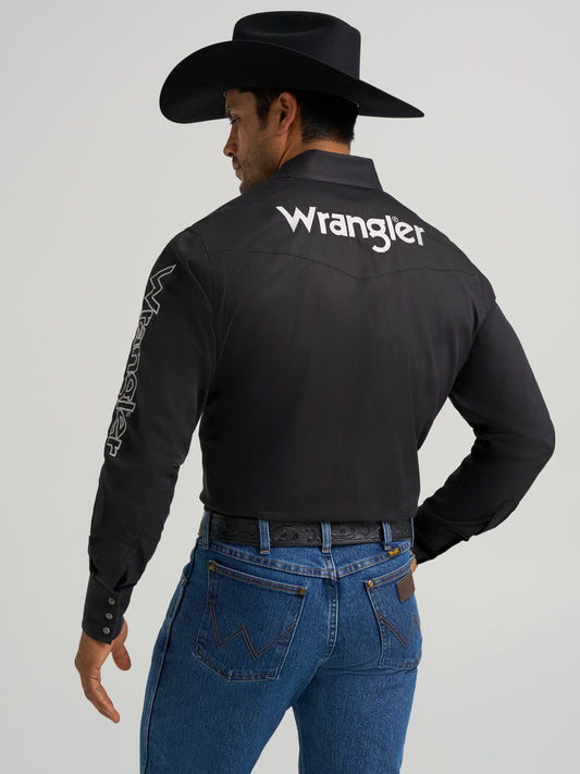 Wrangler Logo Black Long Sleeve Classic Fit Button Down Shirt