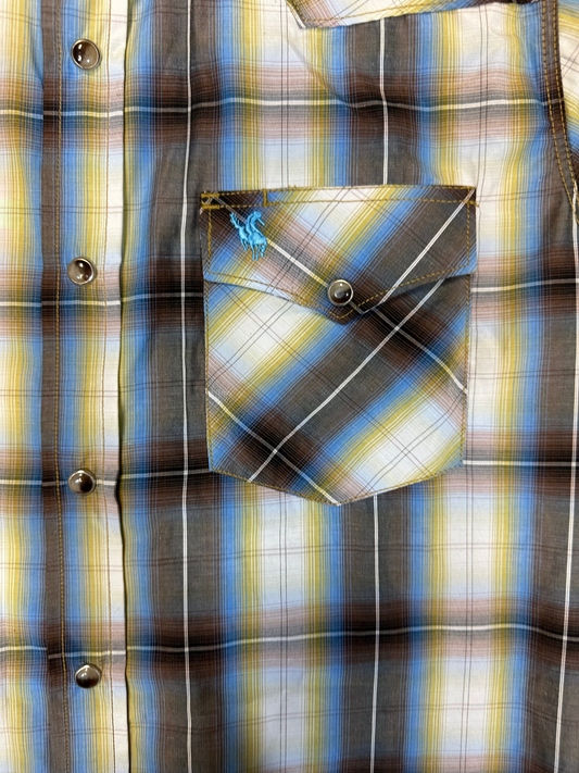 Men's Rodeo Western Plaid Short Sleeve Button Down White/Brown/Yellow Shirt