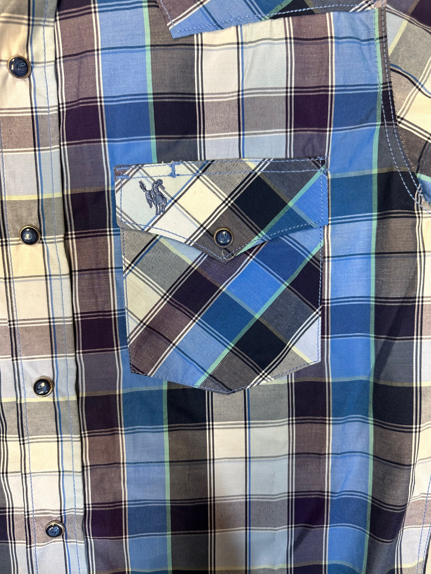 Men's Rodeo Western Plaid Short Sleeve Snap Button Blue Shirt