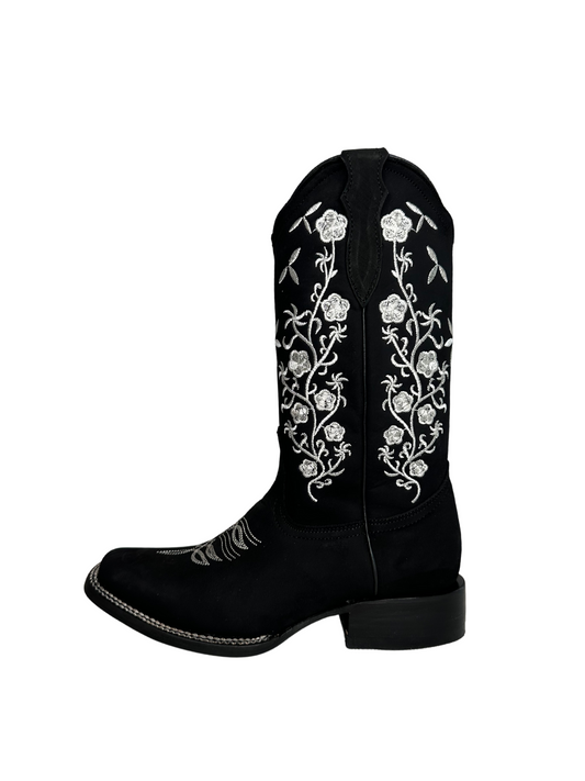 La Sierra Women's Black Floral Embroidered Square Toe Boot