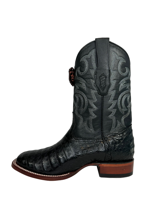 Los Altos Black Genuine Caiman Belly Wide Square Toe Boot