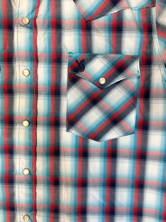 Men's Rodeo Western Plaid Short Sleeve Snap Button White/Red/Teal Shirt