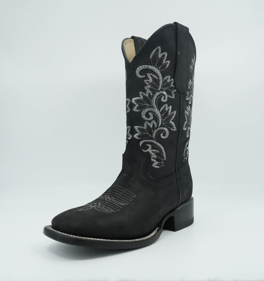 Stephy Women's Embroidered Crazy Black Square Toe Boot