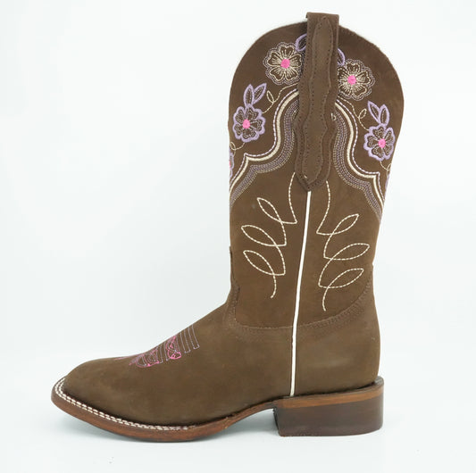 Centenario Women's Camel Nobuck Embroidered Wide Square Toe Boot