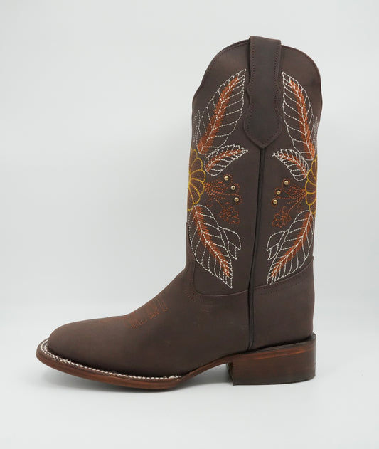 Stephy Women's Embroidered Flower Feathers Crazy Brown Square Toe Boot