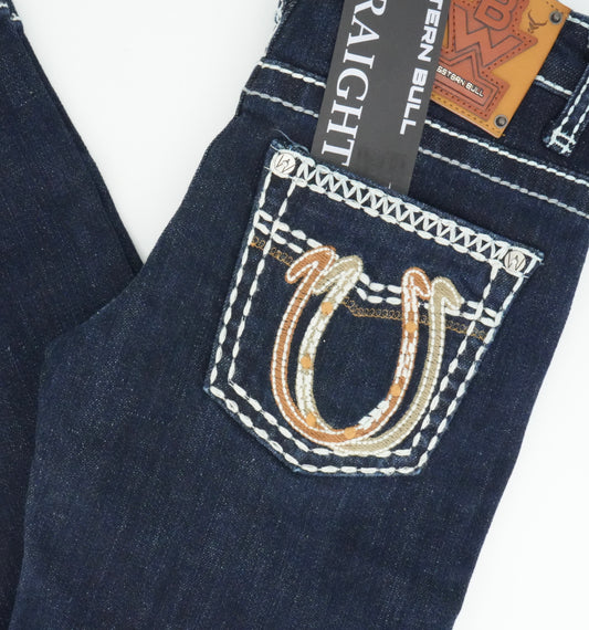 Youth's Western Bull Horseshoe Pocket Dark Blue Straight Jean