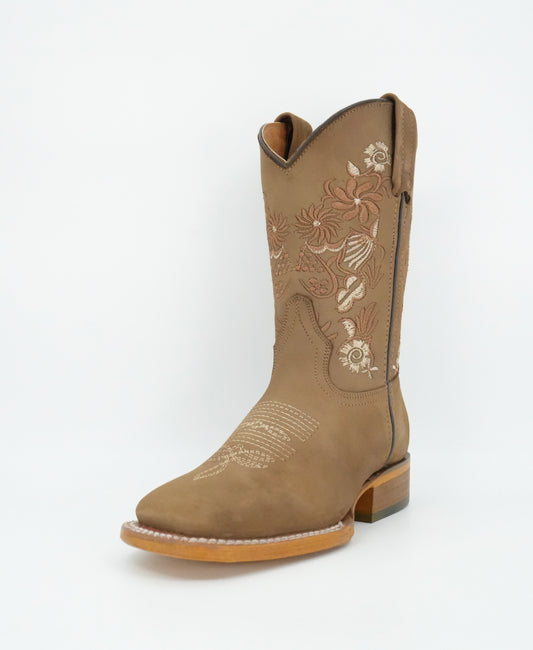 Calzatti Women's Floral Avellana Nobuck Wide Square Toe Boot