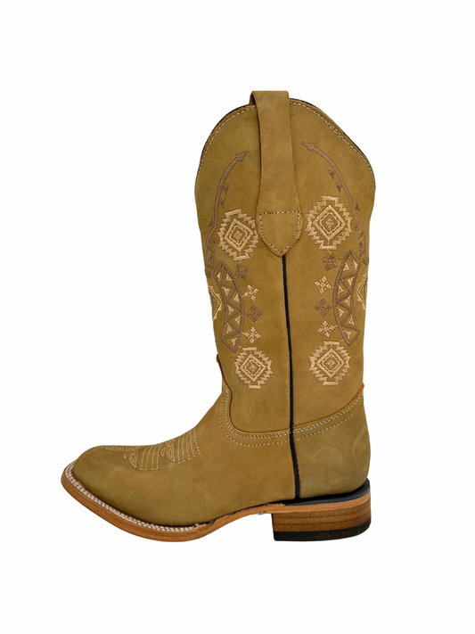 Potrero Boots Women's Nobuck Honey Aztec Wide Square Toe Leather Boot