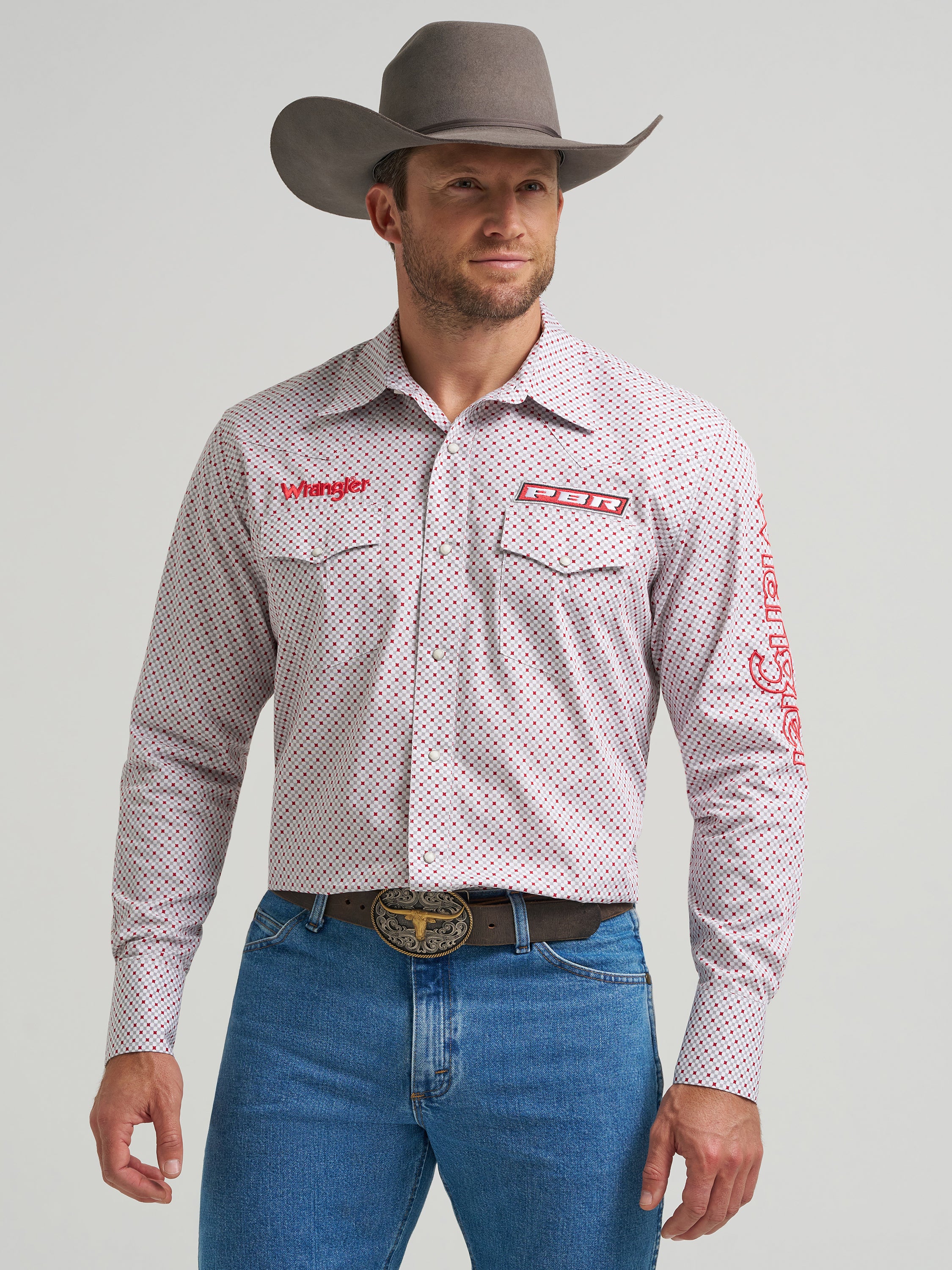 pbr dress shirts Men's Wrangler PBR Logo Red Print Long Sleeve Snap Shirt