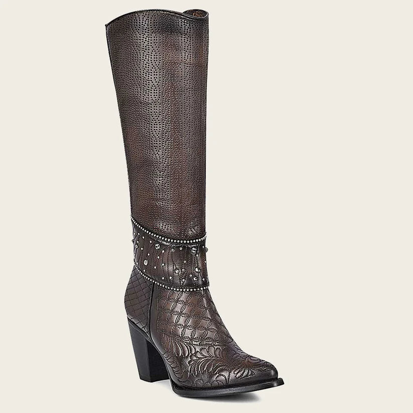 Cuadra Women's Dark Brown Leather Embroided Tall Boot