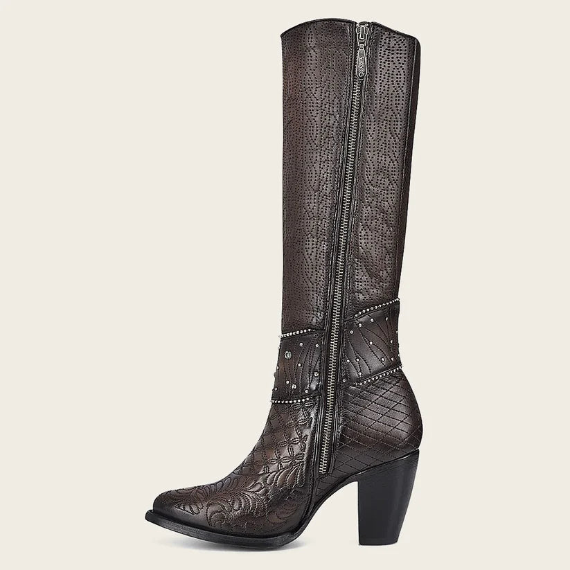 Cuadra Women's Dark Brown Leather Embroided Tall Boot