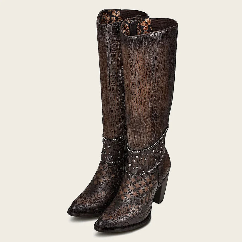 Cuadra Women's Dark Brown Leather Embroided Tall Boot