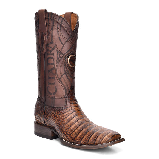 Cuadra Men's Engraved Maple Brown Genuine Caiman Leather Cowboy Boots