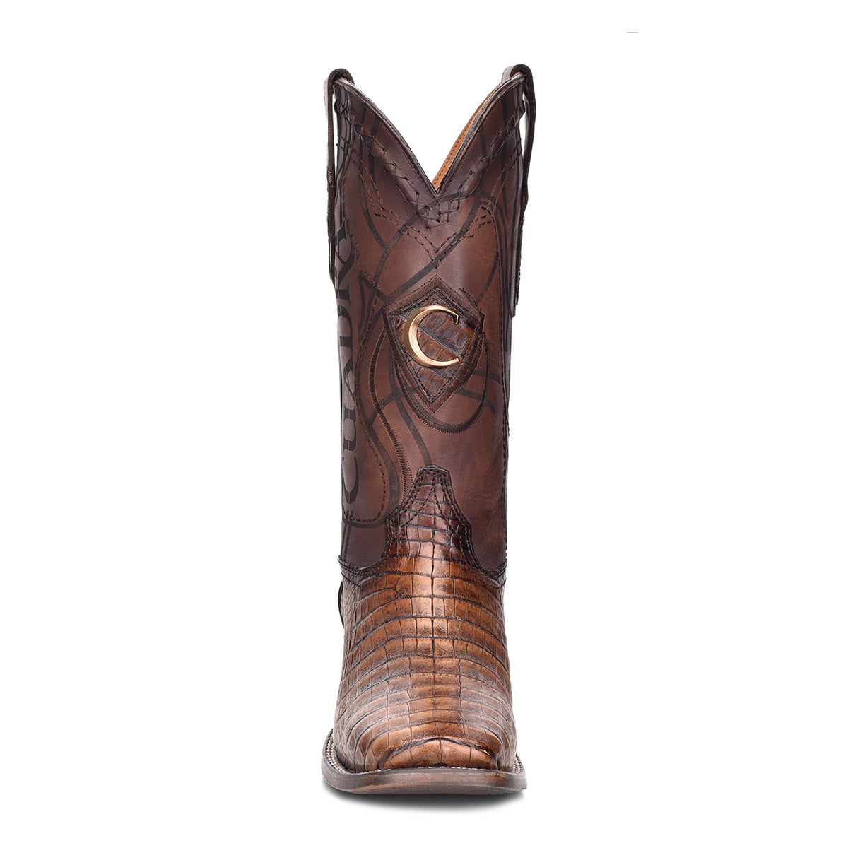Cuadra Men's Engraved Maple Brown Genuine Caiman Leather Cowboy Boots