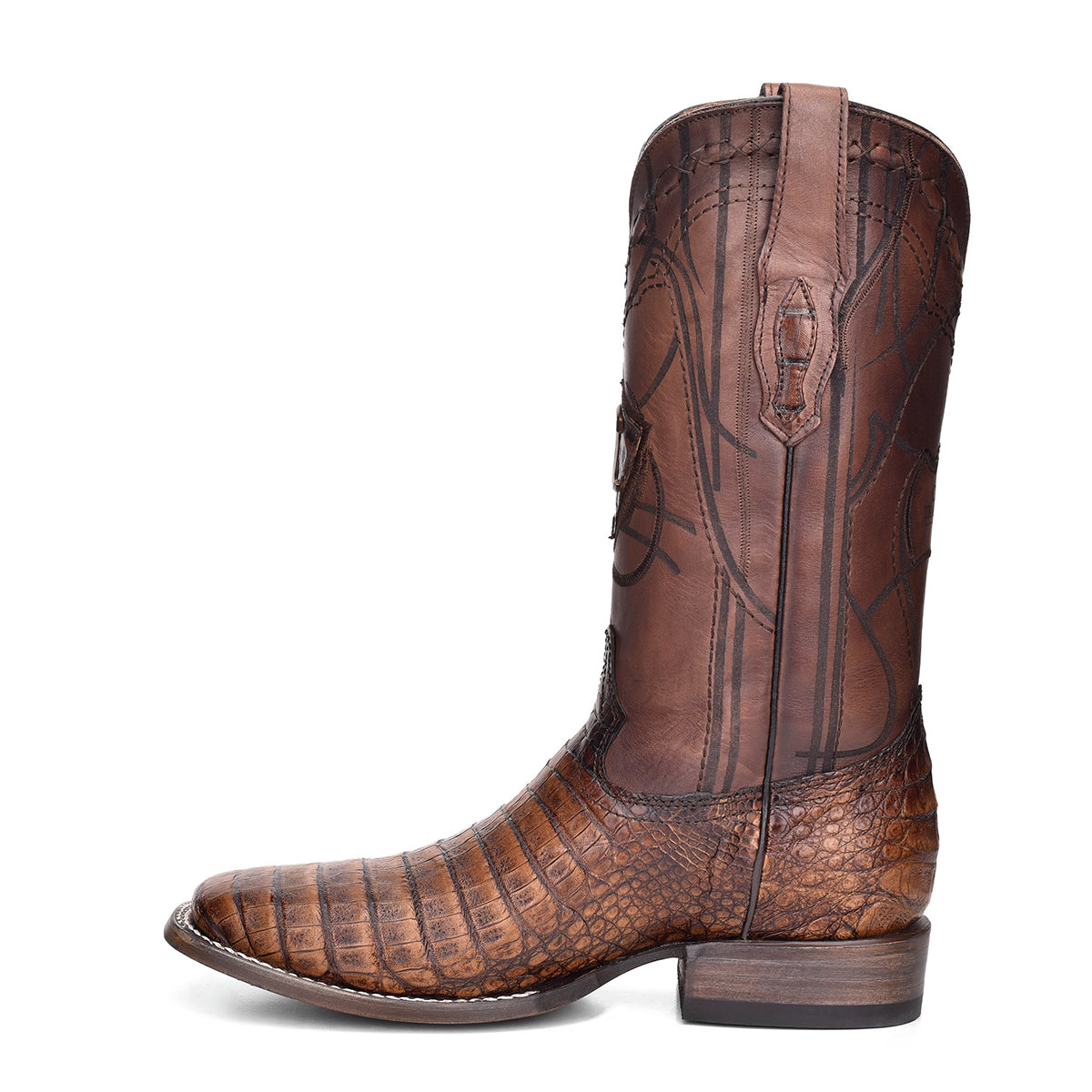Cuadra Men's Engraved Maple Brown Genuine Caiman Leather Cowboy Boots