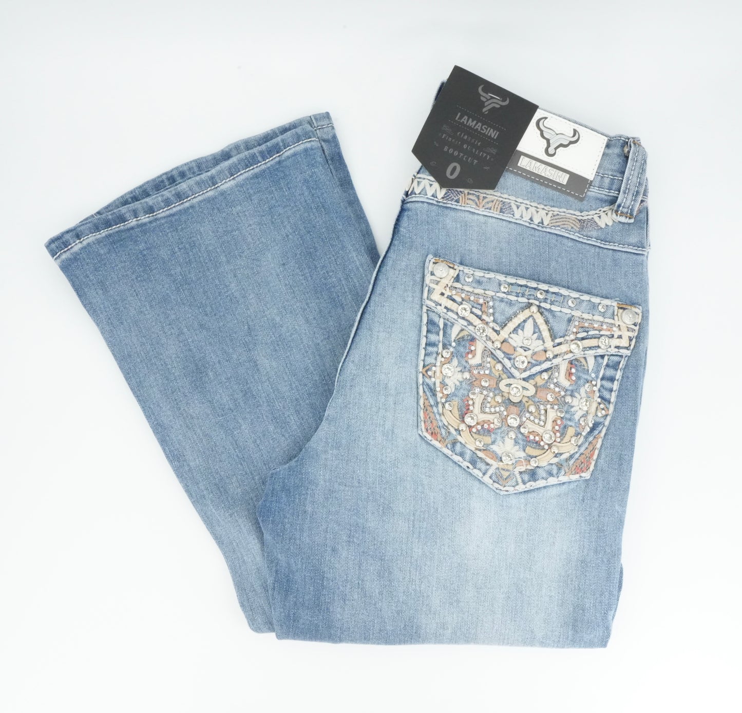 Lamasini Women’s Floral Stud Bling Pocket Light Blue Bootcut Jean