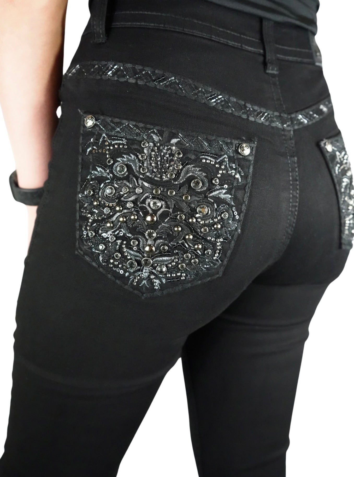 Lamasini Women's Bling Floral Bootcut Jean Black