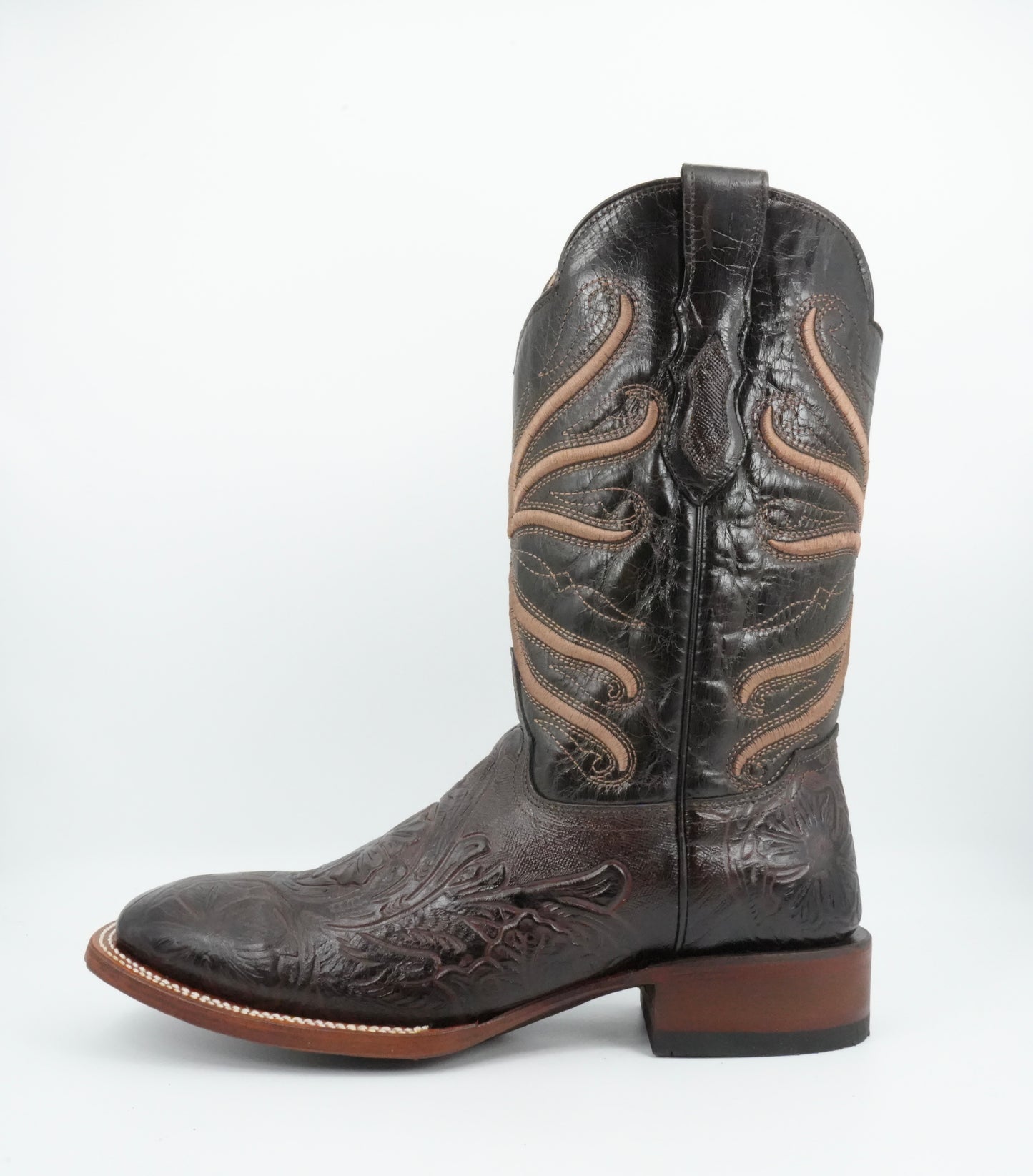 Quincy Men's Tooled Print Leather Chocolate Wide Square Toe Boot