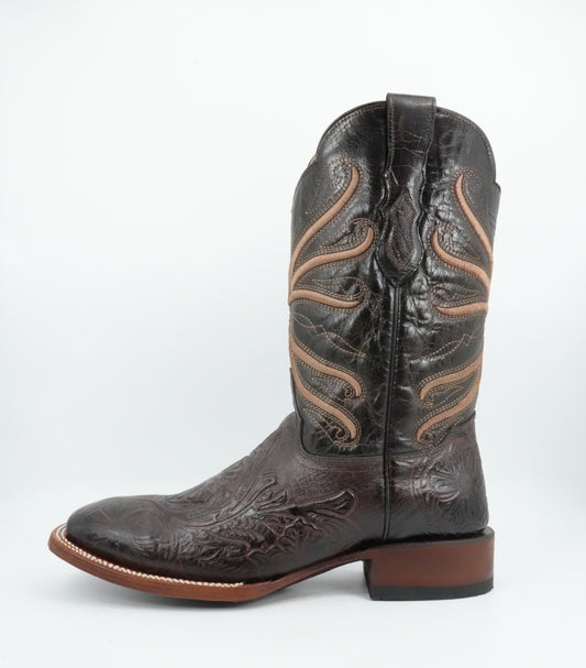 Quincy Men's Tooled Print Leather Chocolate Wide Square Toe Boot