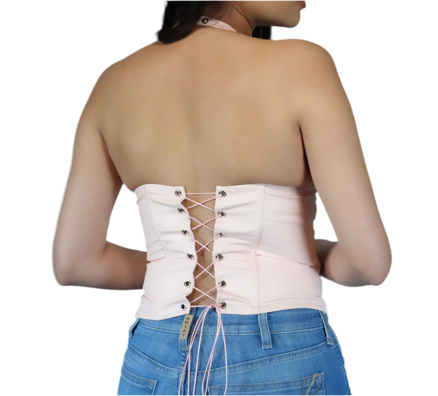 Women's Hartly Corset Top Halter Neck Button Back Lace Up - Pink