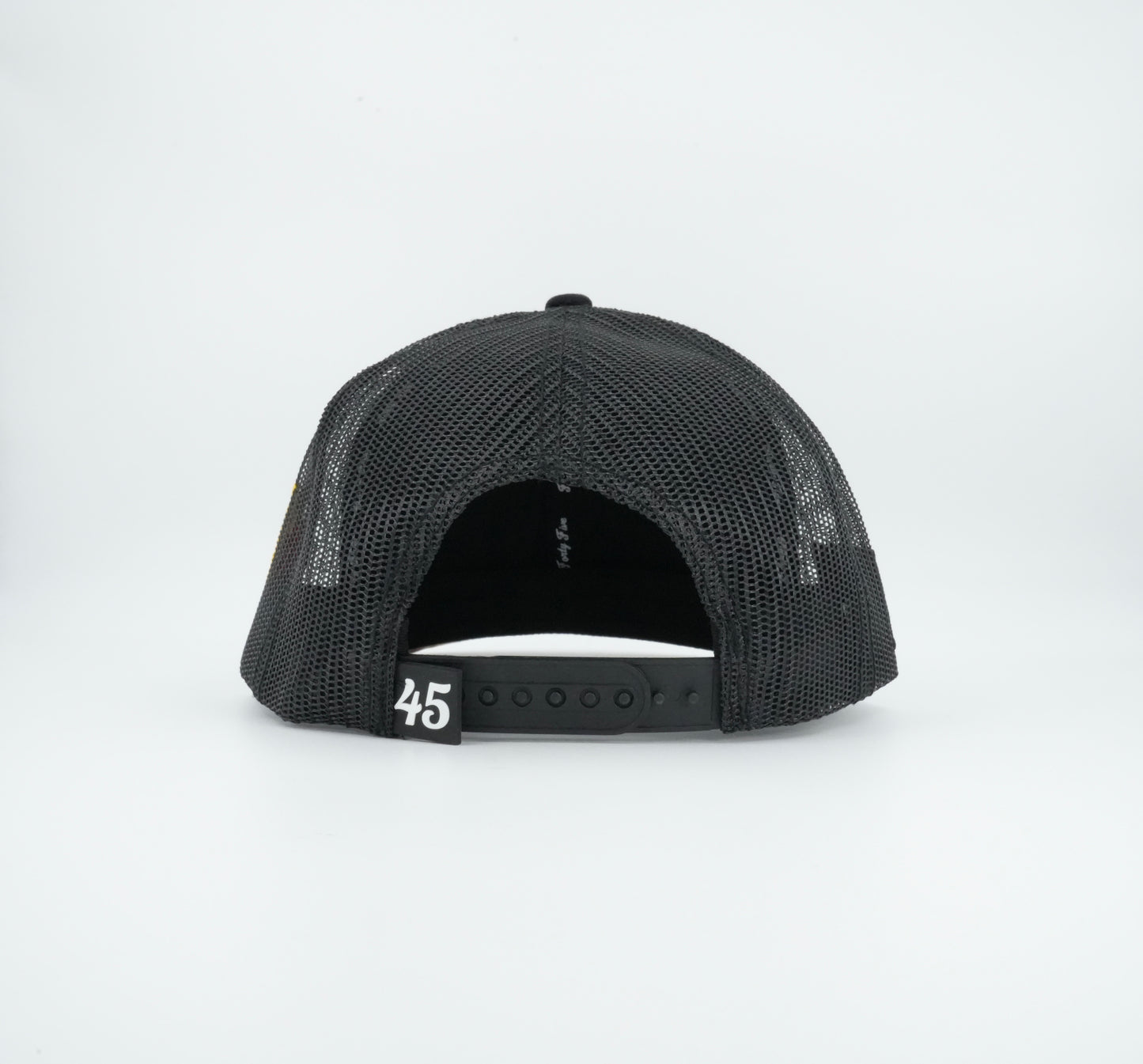 45 Cursive Trucker Cap Black Rust