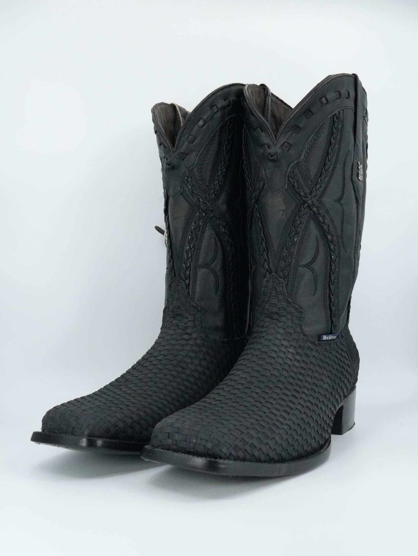 Rock'em Men's Petatillo Braided Leather Black Wide Square Toe Boot