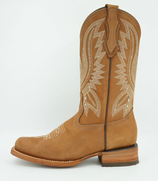 La Sierra Women's Camel Embroidered Feathers Square Toe Boot