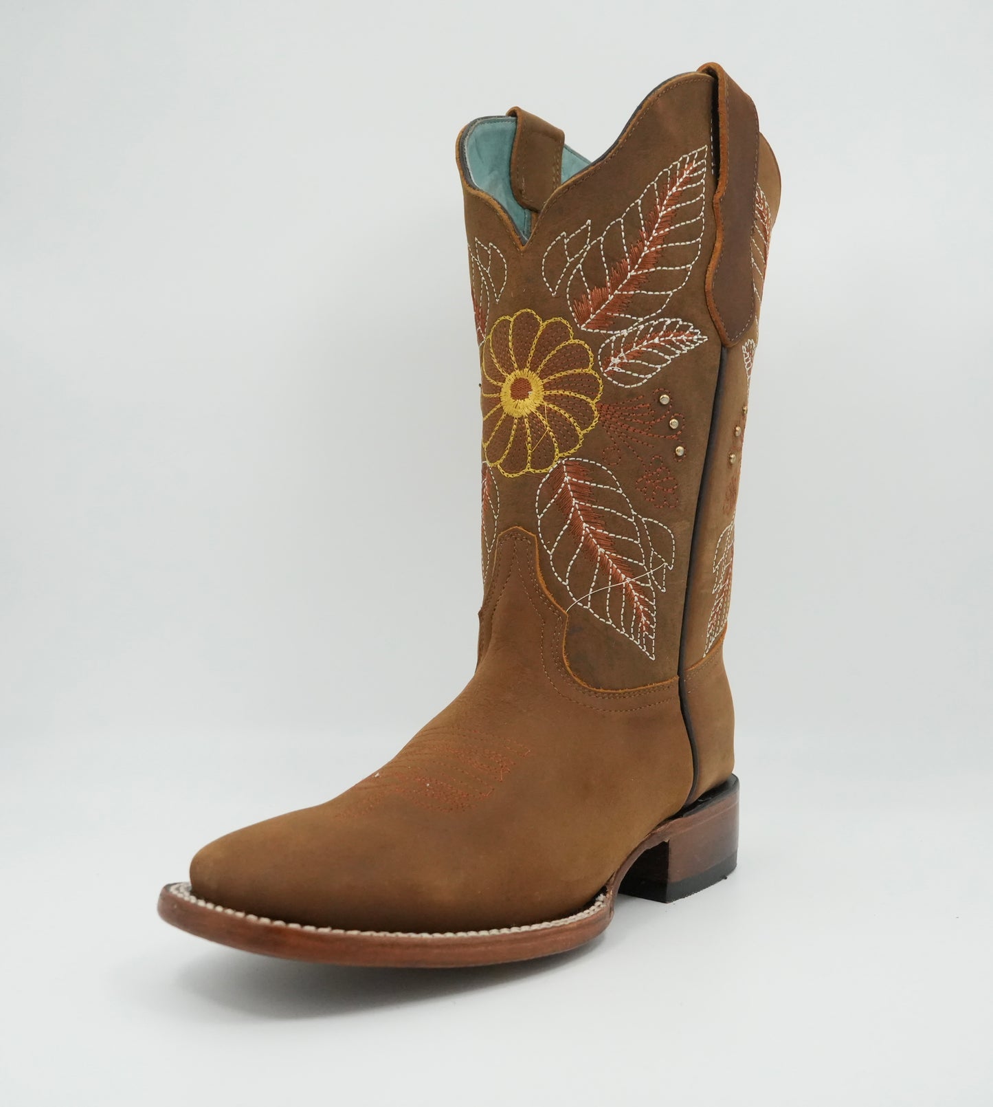 Stephy Women's Embroidered Flower Feathers Crazy Honey Square Toe Boot