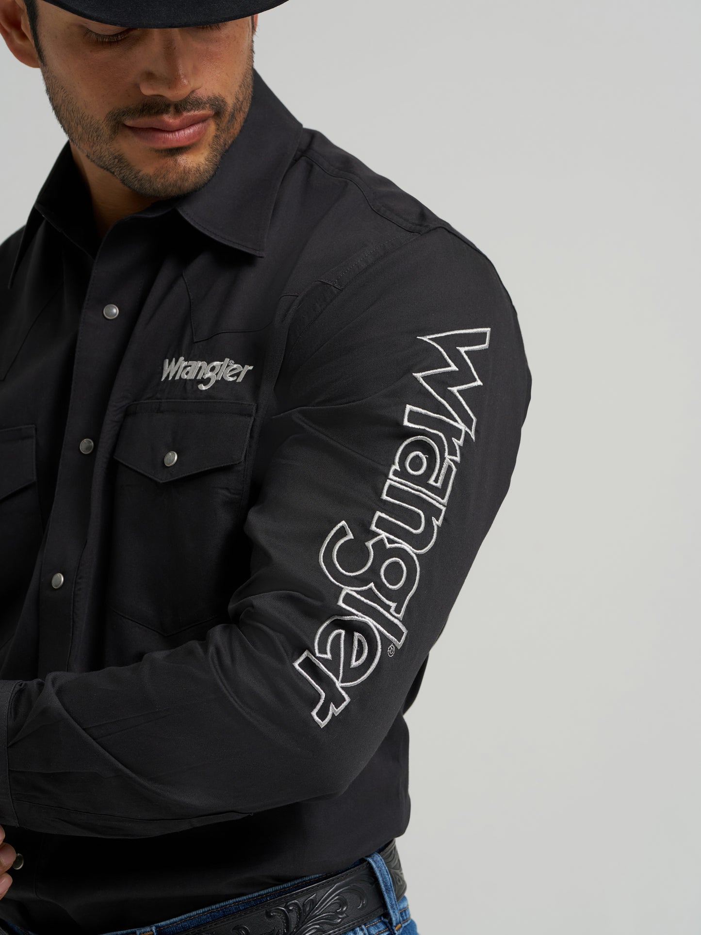 Wrangler Logo Black Long Sleeve Classic Fit Button Down Shirt