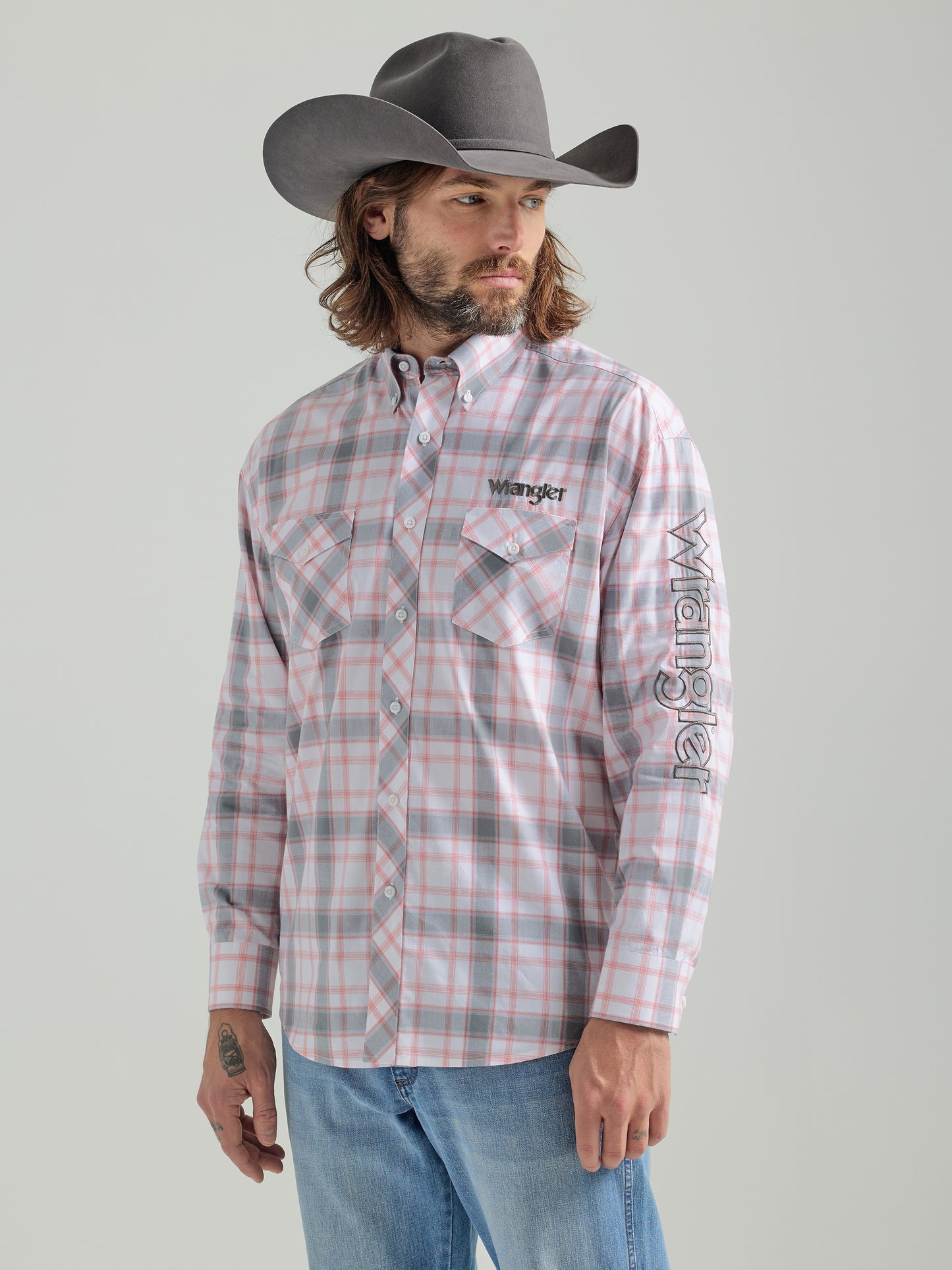 Wrangler Men's Logo Long Sleeve Button-Down Light Pink/Gray