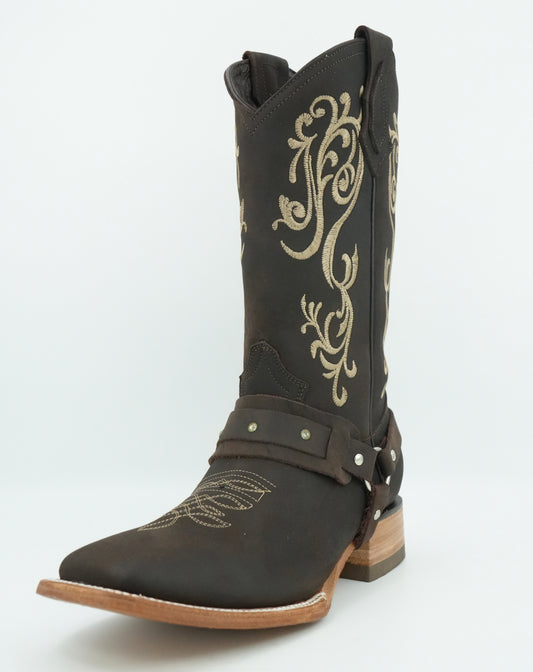 La Sierra Women's Chocolate Embroidered Strapped Square Toe Boot