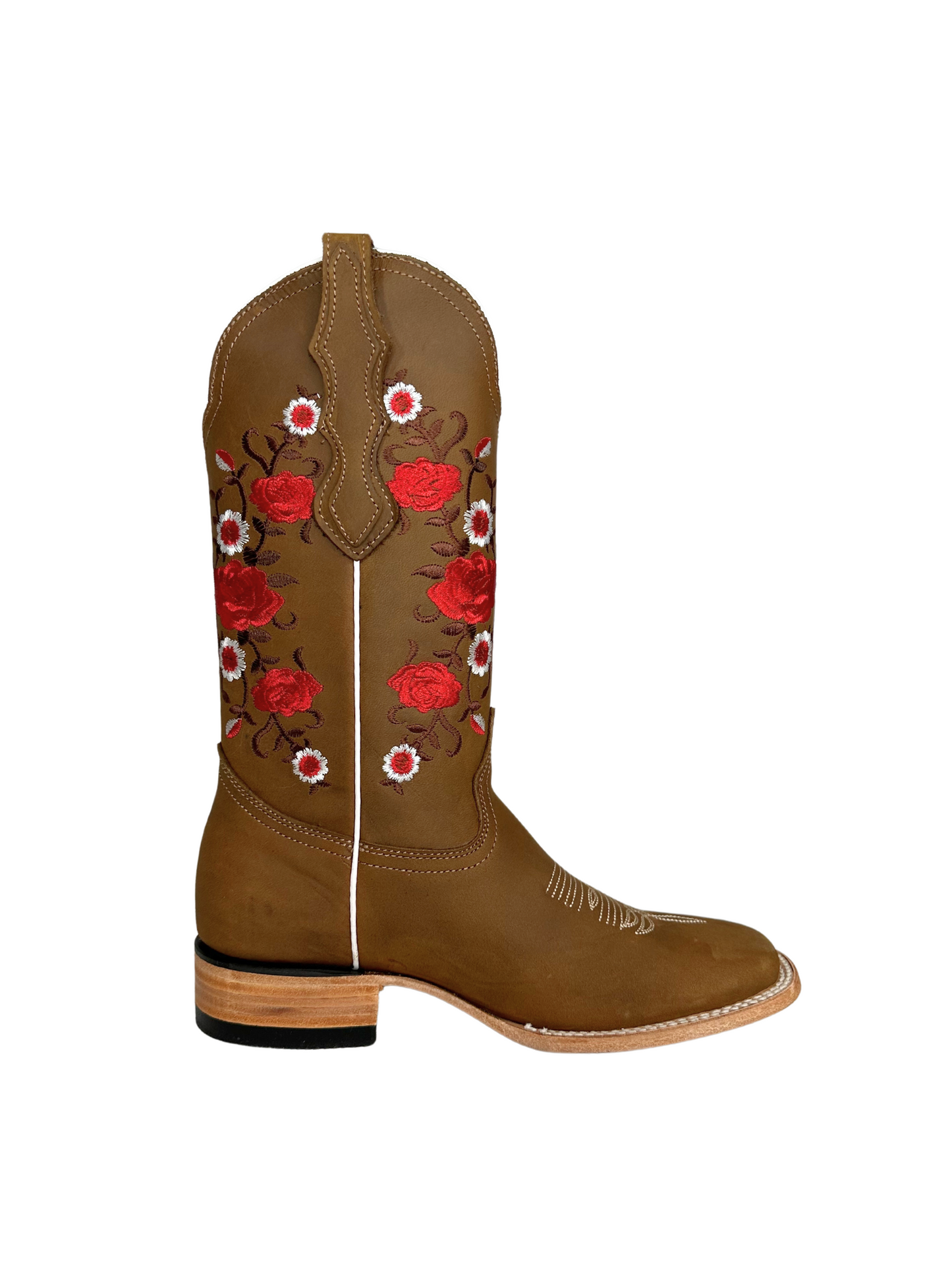 White Diamond Women's Red Floral Square Toe Leather Boot
