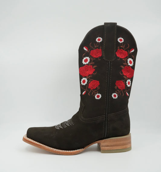 Stephy Women's Nobuck Brown Floral Square Toe Boot