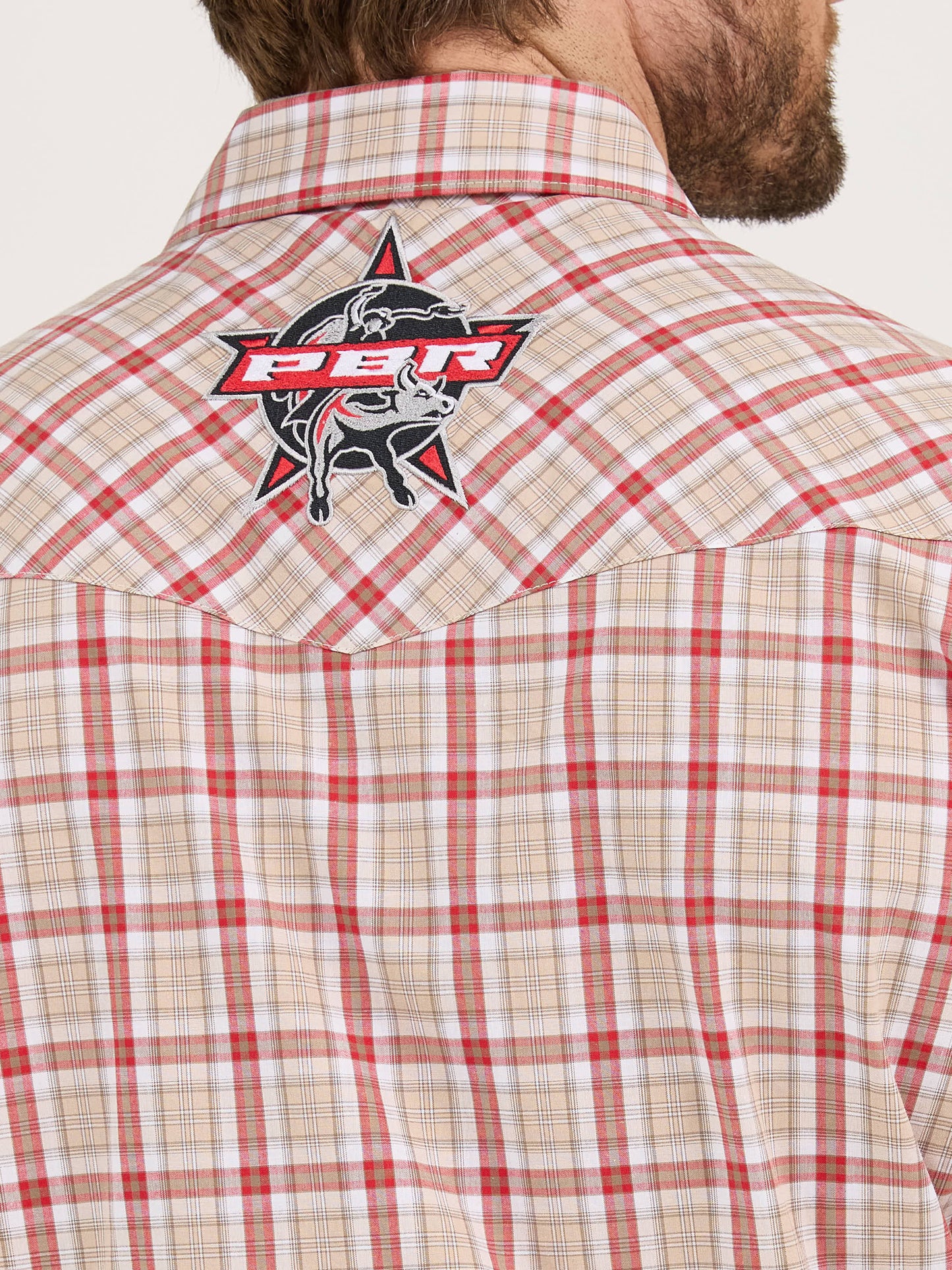 Wrangler Men's PBR Logo Long Sleeve Plaid Western Snap Beige Crimson Shirt