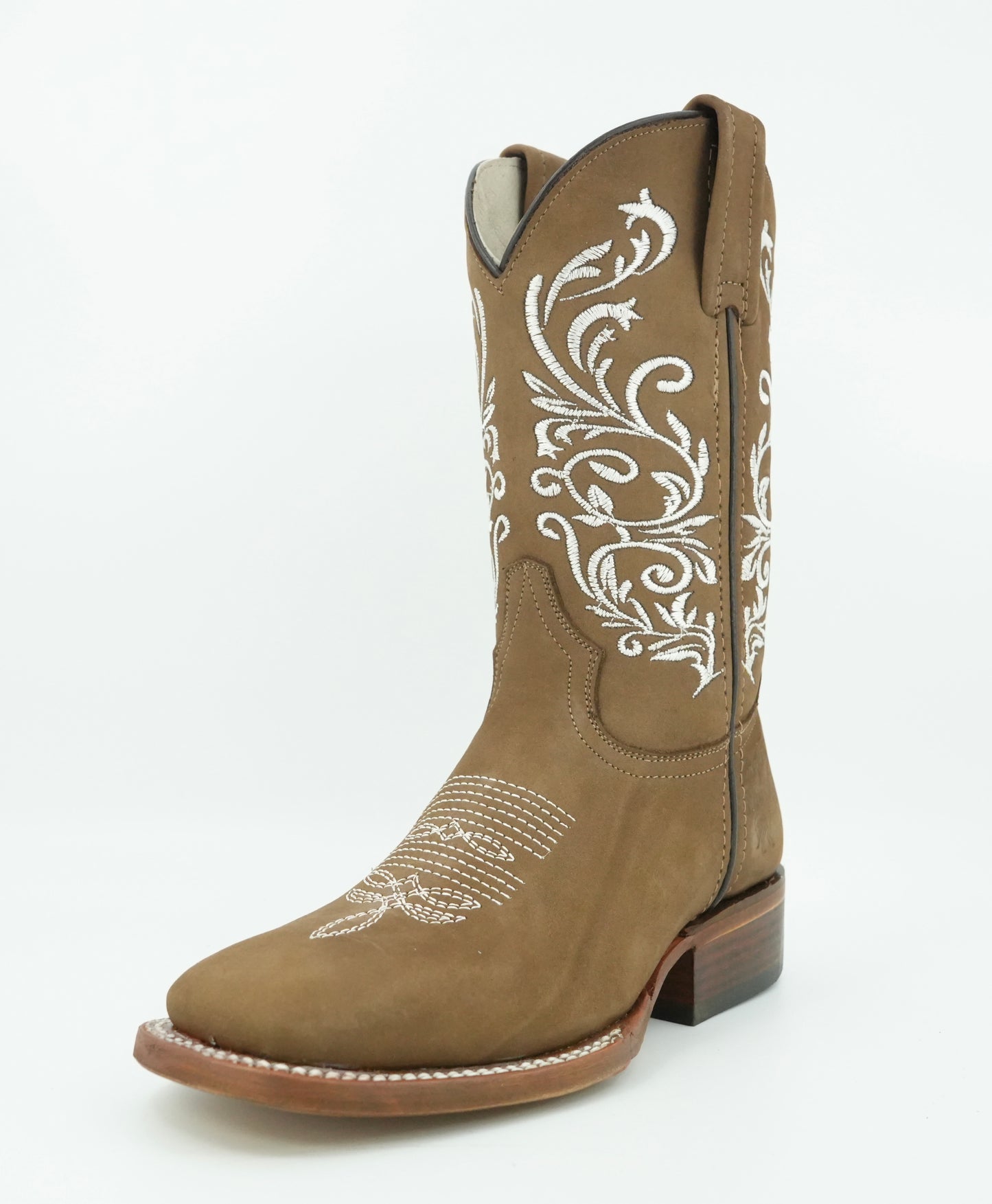 Calzatti Women's Tabacco Nobuck Embroidered Wide Square Toe Boot