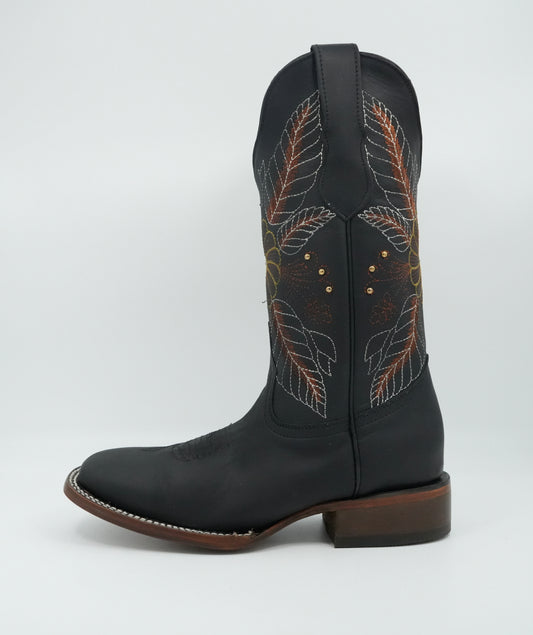 Stephy Women's Embroidered Flower Feathers Crazy Black Square Toe Boot