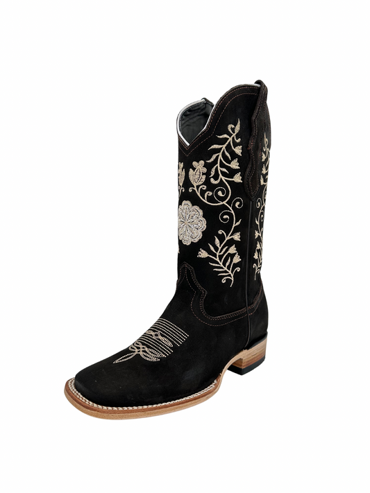 White Diamond Women's Black Chocolate Floral Square Toe Leather Boot