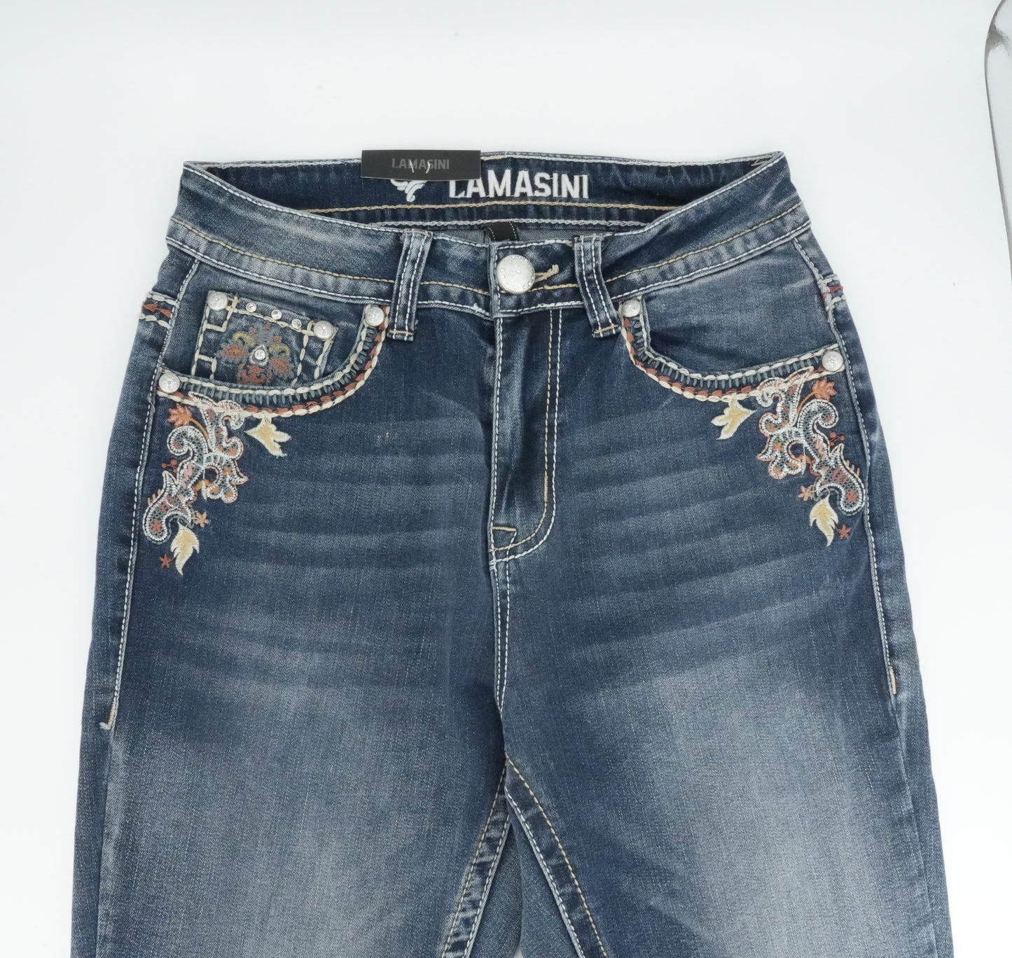 Lamasini Floral Stud Bling Pocket Stone Wash Bootcut Jean