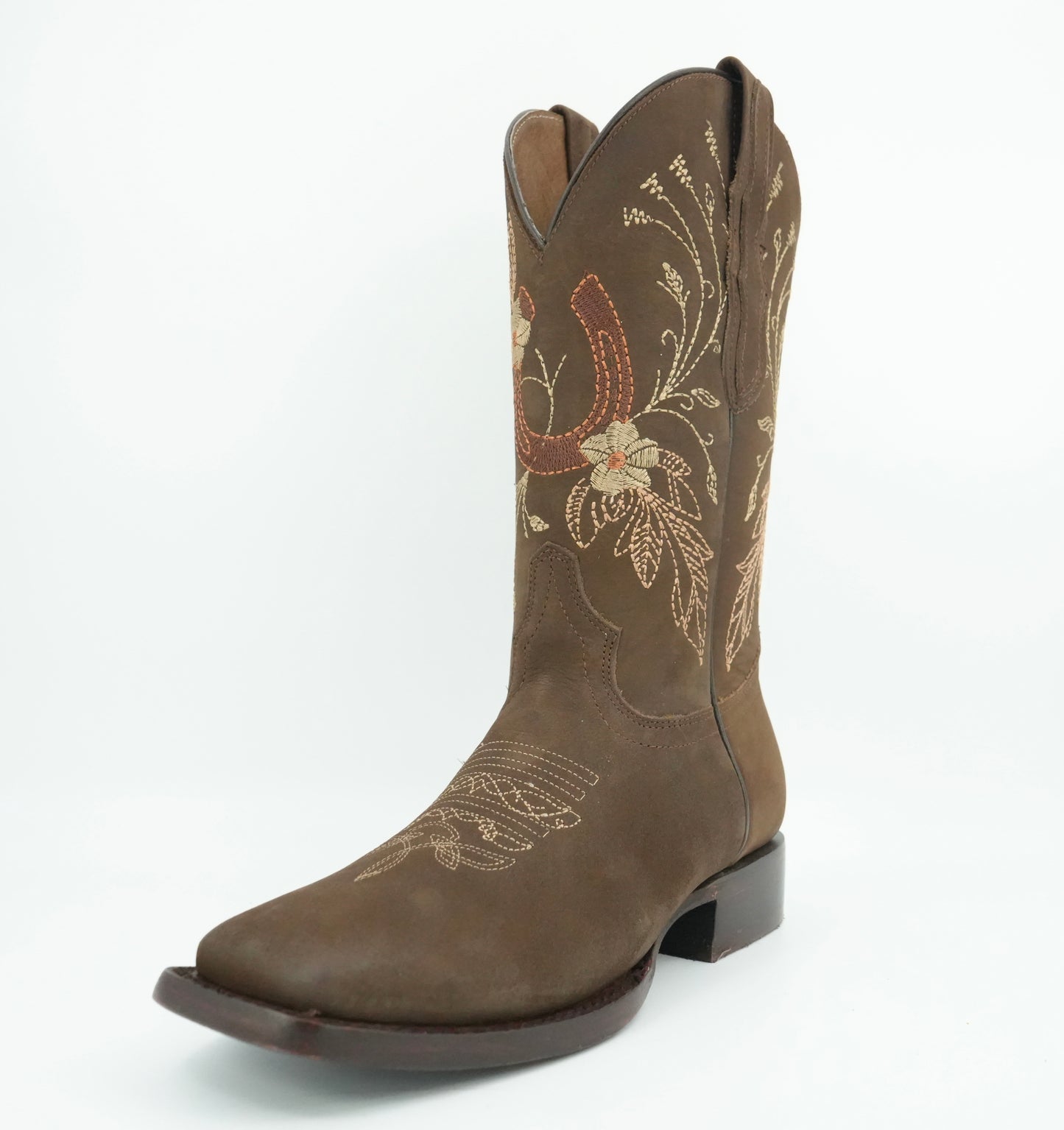 Centenario Women's Camel Embroidered Horseshoes Wide Square Toe Boot