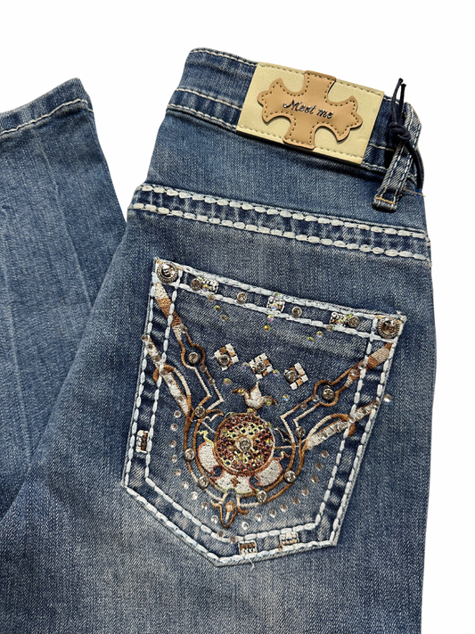 Meet Me Medium Blue Bling Brown Pocket Bootcut Jean