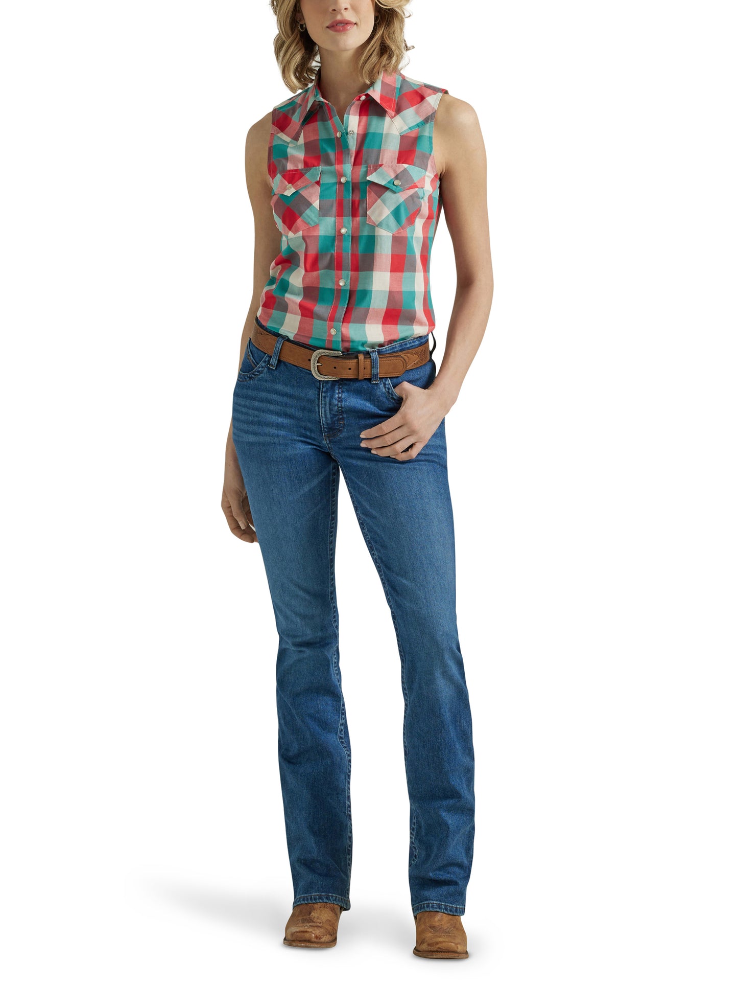 Wrangler Women's Retro Essential Western Snap Tank Turquoise Red