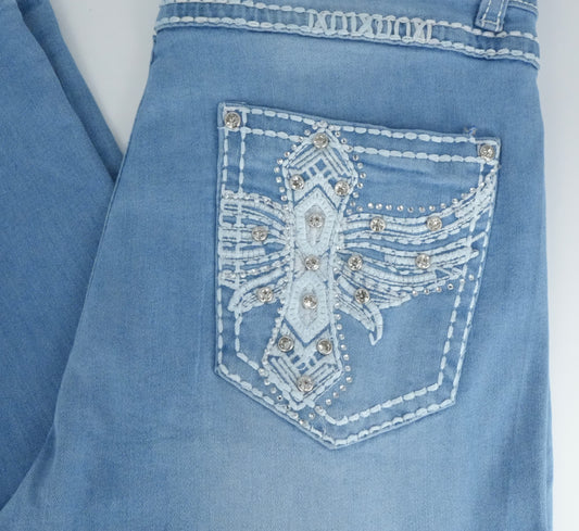 Miranda Women's Light Blue Bling Wing Cross Pocket Bootcut Jean